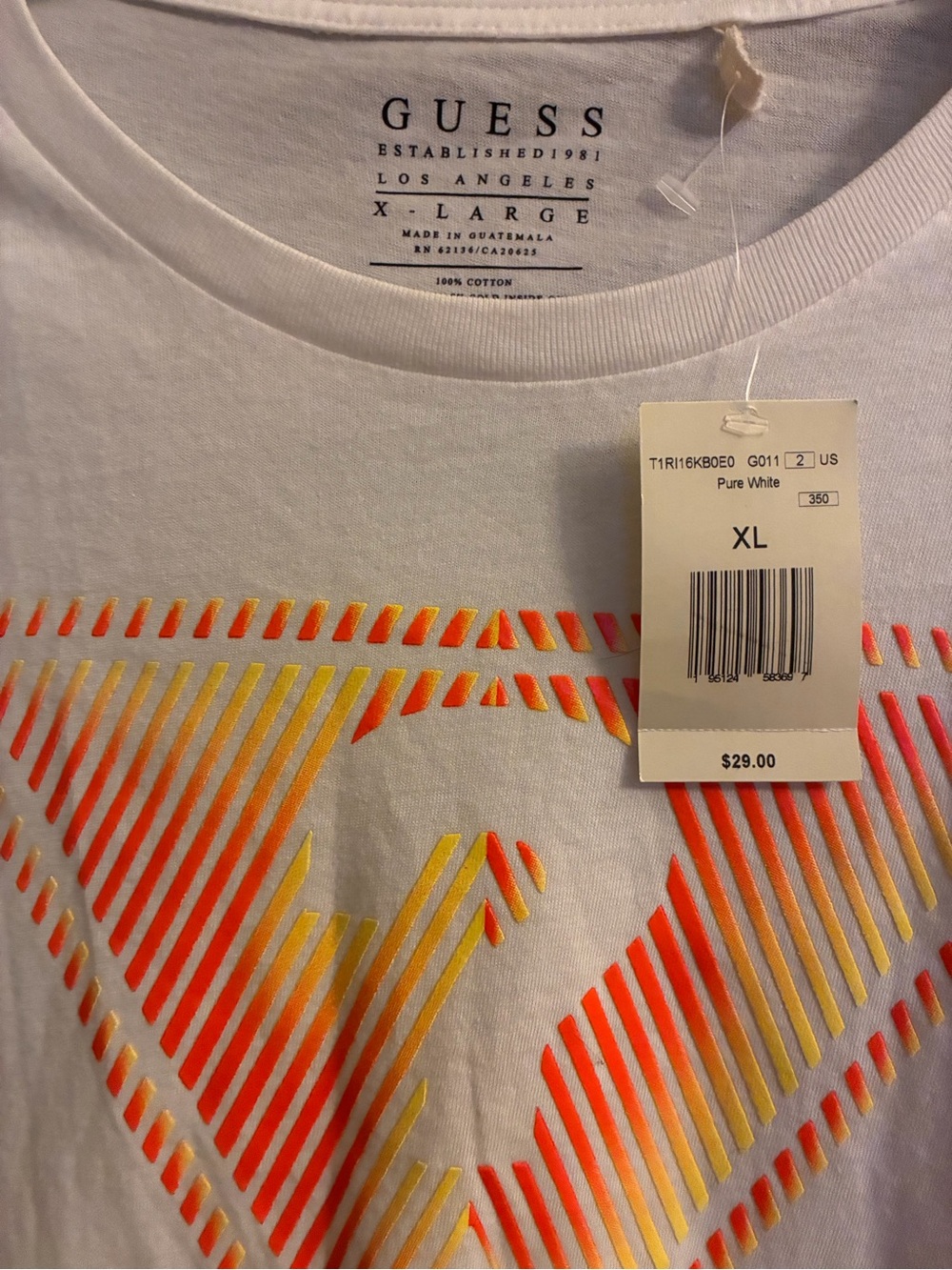 GUESS White Short-Sleeve Tee with Orange and Yellow Triangle Logo - Picture 2 of 3